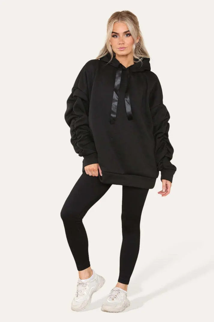 Oversized Ruched Sleeves Hoodie With Satin Ribbon Angel Wishes