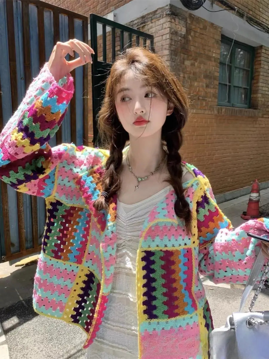 Sweet Heavy Industry Color Woven Crochet Loose Slim Long Sleeve Sweater Angel Wishes