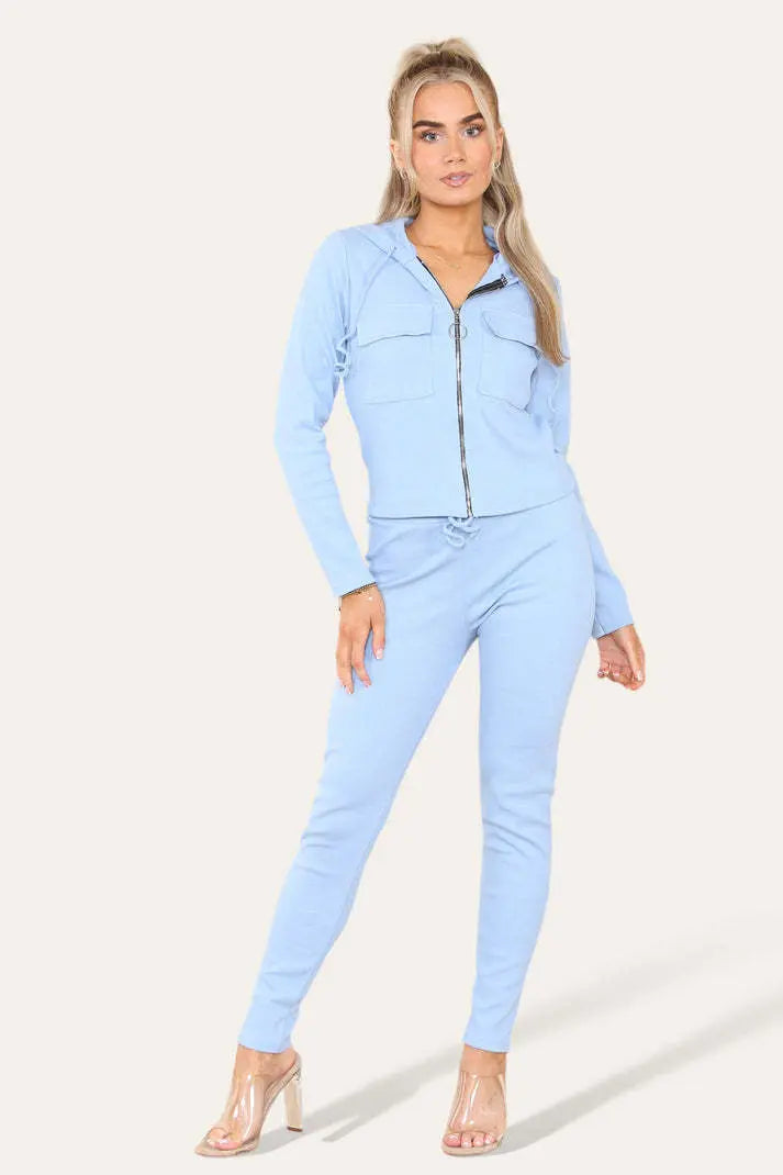 Front Pocket Zip Suit Ribbed Hooded Lounge Wear Set Angel Wishes