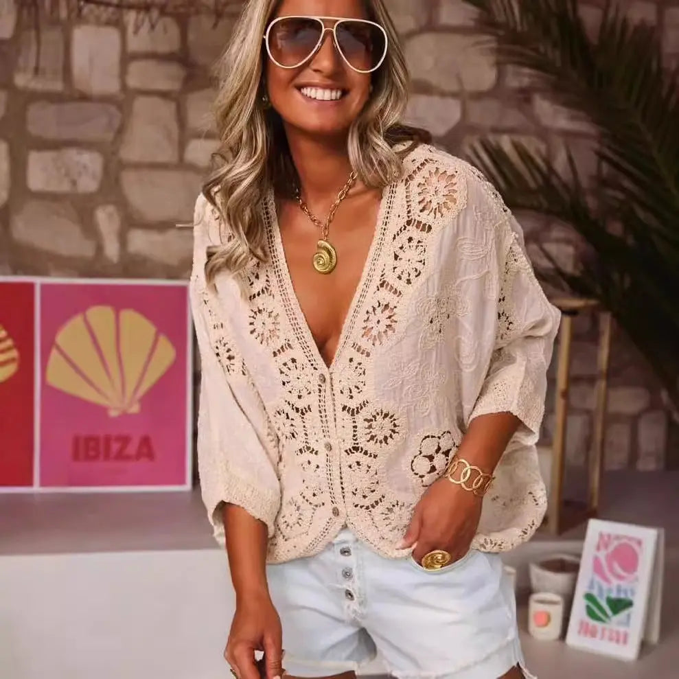 Hollow Lace Crochet Shirt V-neck Angel Wishes