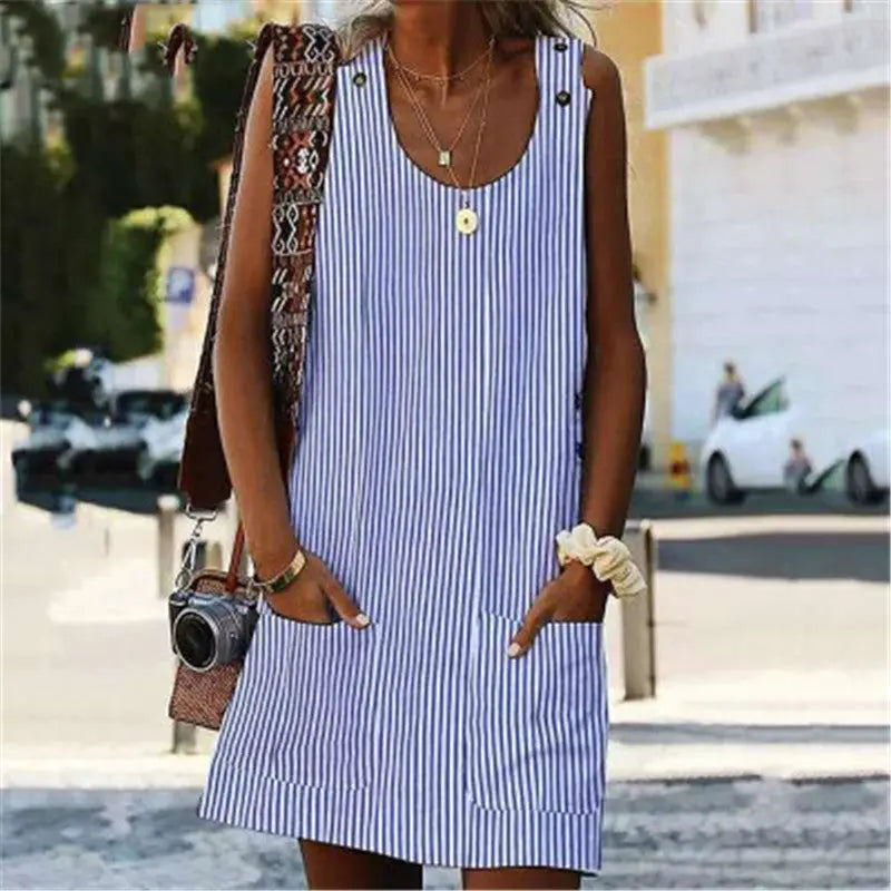 Summer Fashion Striped Patchwork Commuting U-Neck Sleeveless Pockets Back Button Casual Straight Slimming Mini Dress For Women Angel Wishes