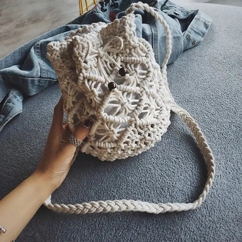 Women's Round Diagonal Cotton Crochet Tassel Small Bag Angel Wishes