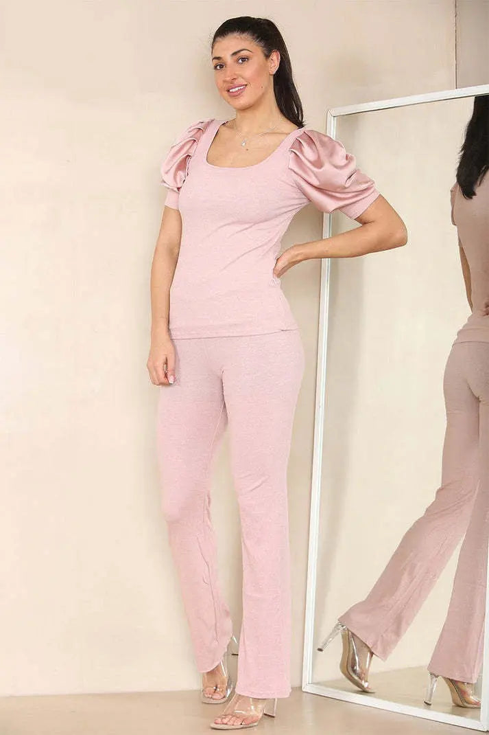 Silky Satin Sleeves Ribbed Lounge Set Angel Wishes