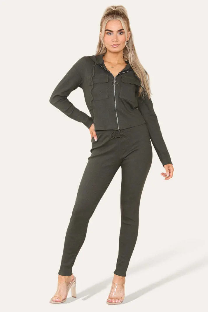 Front Pocket Zip Suit Ribbed Hooded Lounge Wear Set Angel Wishes