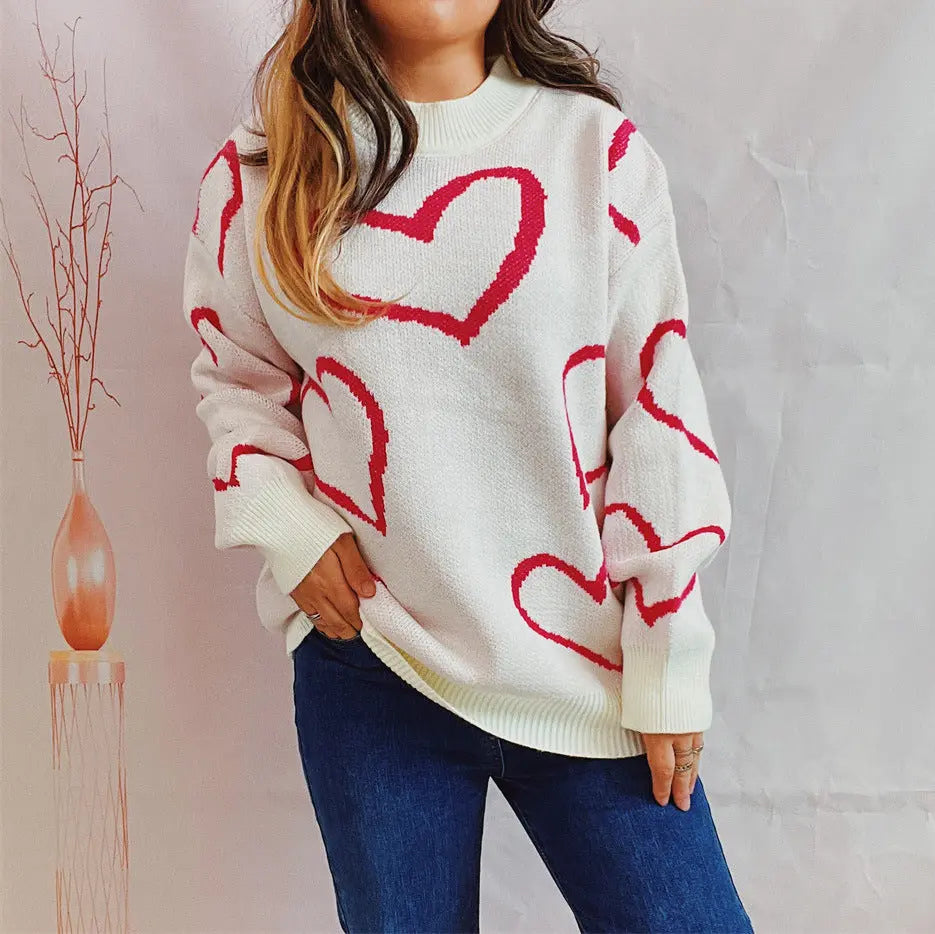 Love Pattern Sweater Round Neck Long Sleeve Angel Wishes
