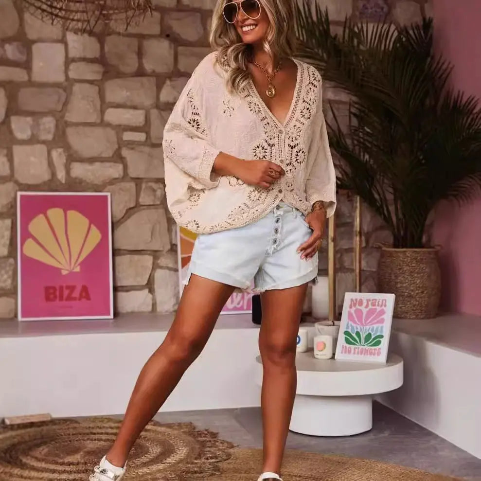 Hollow Lace Crochet Shirt V-neck Angel Wishes