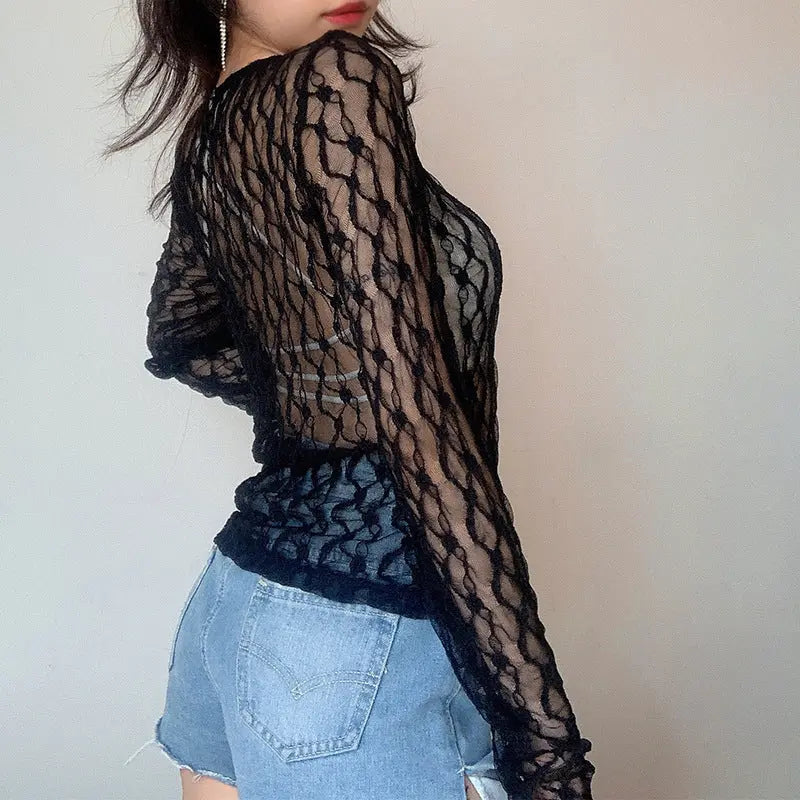 Solid Color Hollow See-Through Lace Long-Sleeved Cardigan Angel Wishes