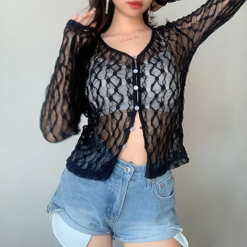 Solid Color Hollow See-Through Lace Long-Sleeved Cardigan Angel Wishes
