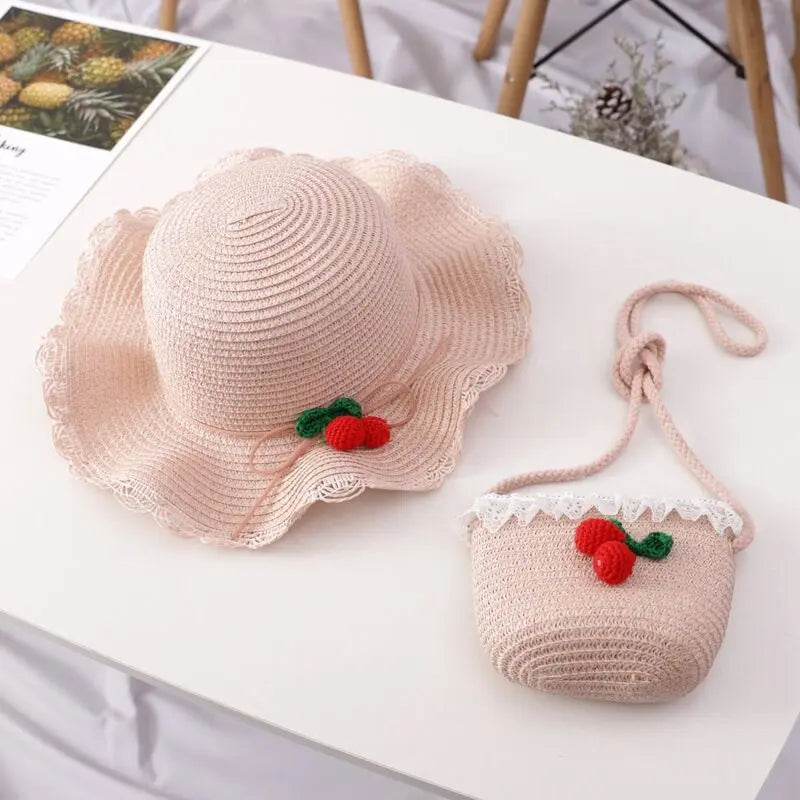 Girls Cherry Straw Hat Bag Set - Angel Wishes