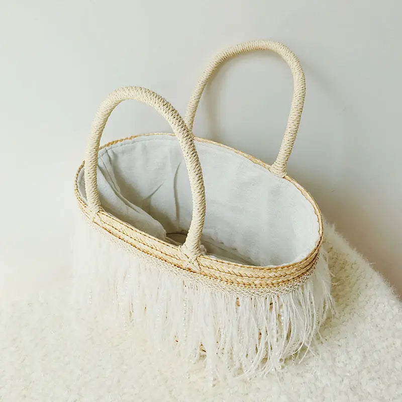 Spring Summer New Straw Bag White Feather Pearl Handbag Art Handbag Shoulder Tote Bag Angel Wishes