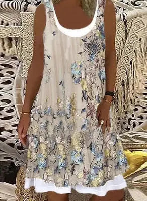 Printed Sleeveless Fake Two-piece Mid-length Dress Angel Wishes