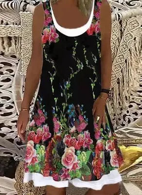 Printed Sleeveless Fake Two-piece Mid-length Dress Angel Wishes