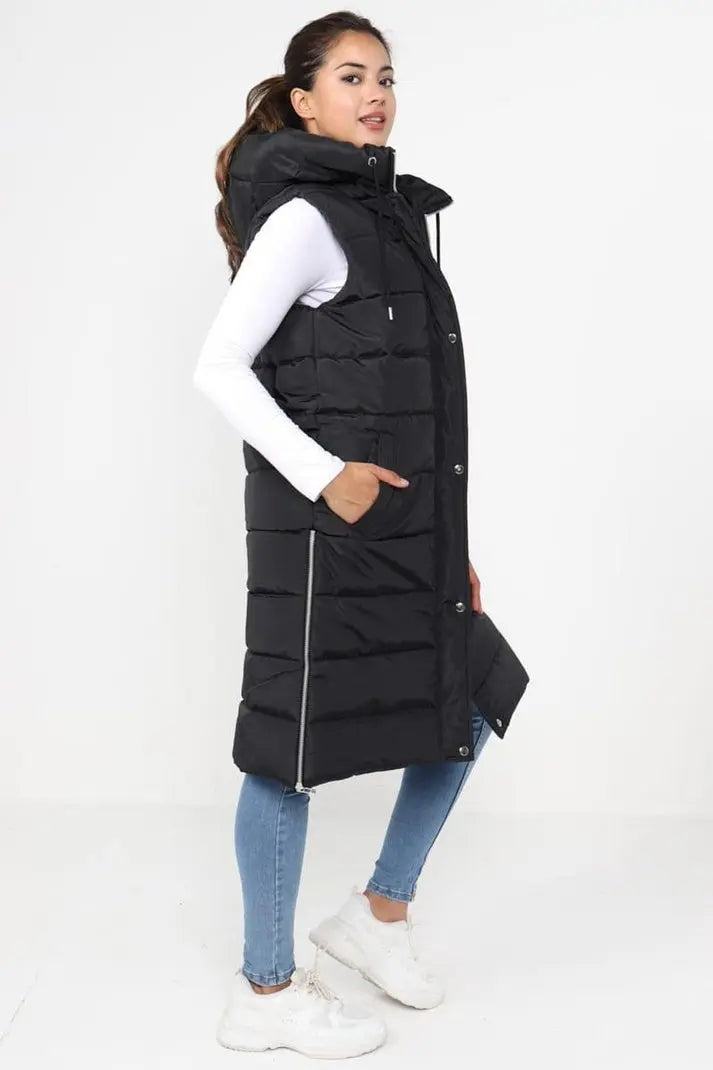 Long Hooded Gilet Ladies Girls Warm Padded Sleeveless Bodywarmer - Angel Wishes