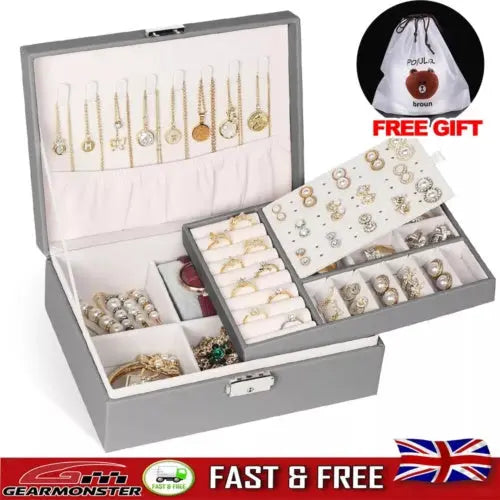 2 Layer Grey Jewellery Box Organizer Rings Necklaces Jewellry Storage Case Box Angel Wishes