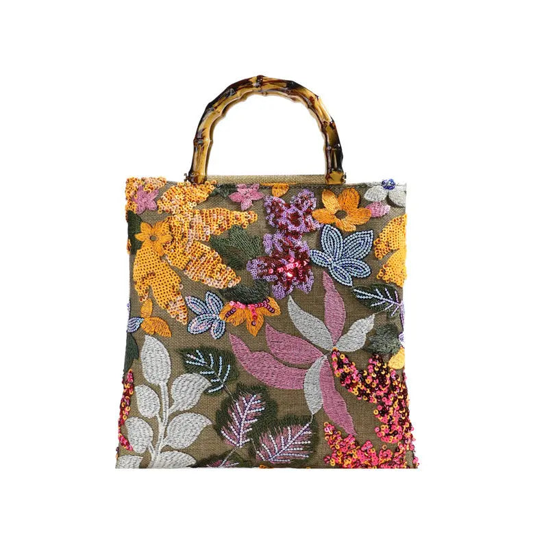 Colorful Sequins Vintage Embroidered Bamboo Handbag Angel Wishes