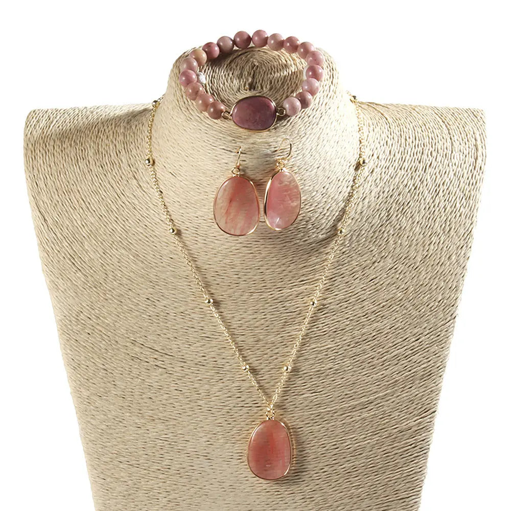 Gold Chain Necklace Natural Stone Bracelet Earrings Women's Jewelry Set Angel Wishes