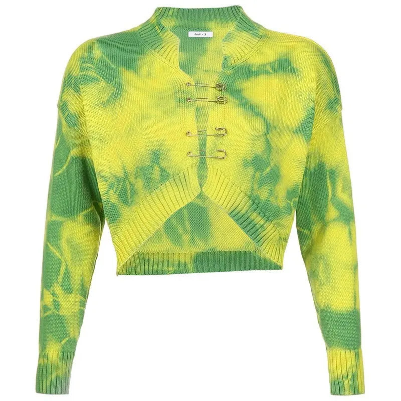 Tie-dye Pin Buckle Design Knitted Sweater Angel Wishes