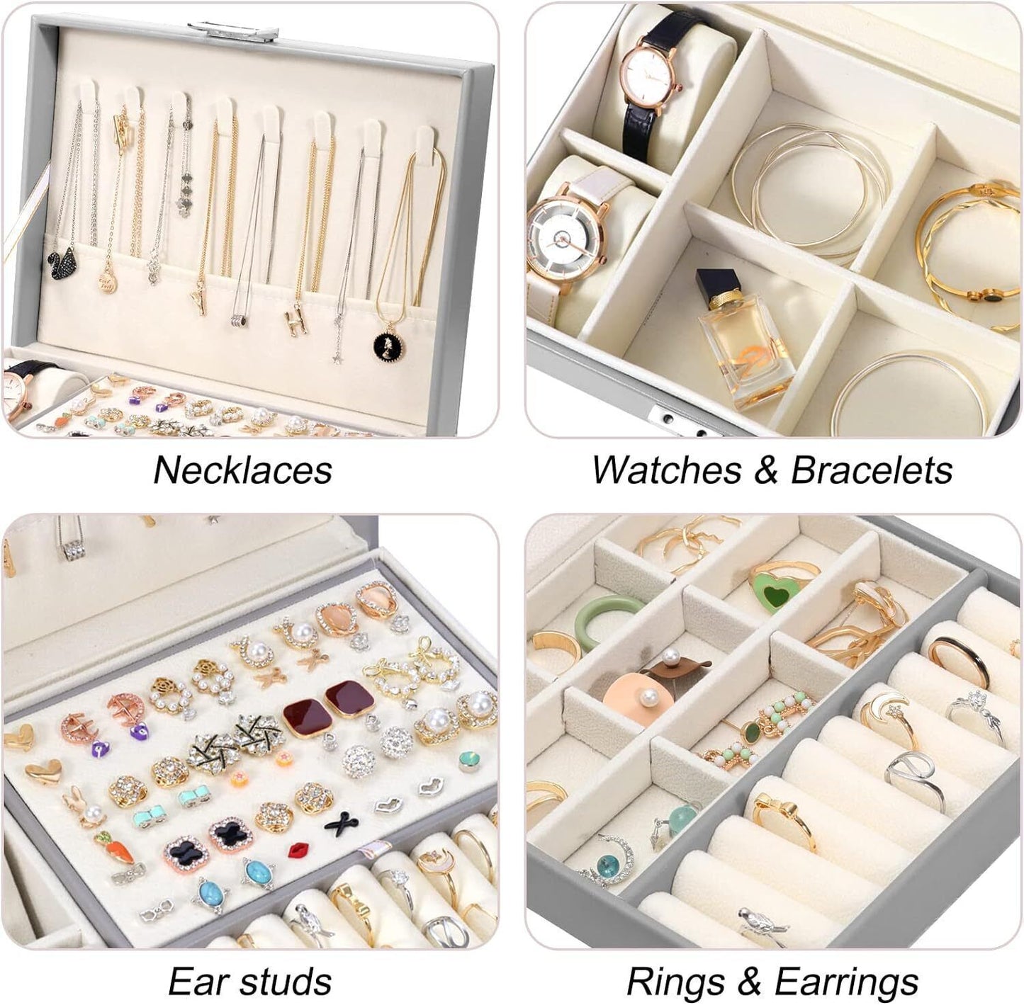 2 Layer Grey Jewellery Box Organizer Rings Necklaces Jewellry Storage Case Box Angel Wishes