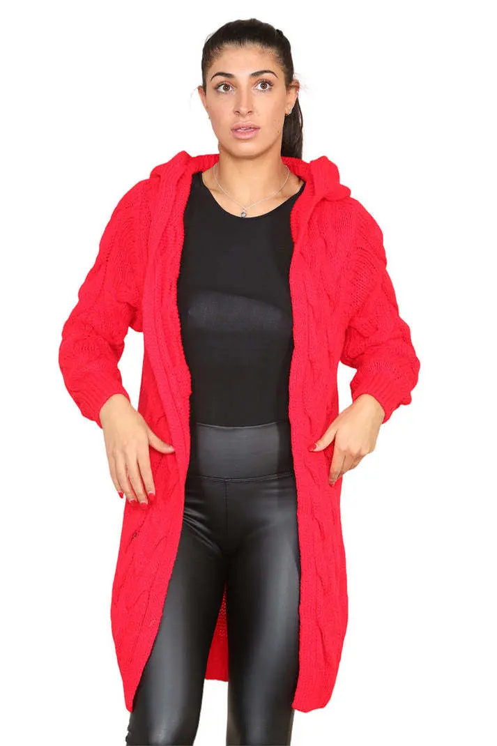 Knitted Cables Hooded Long Over Sized Cardigan Angel Wishes