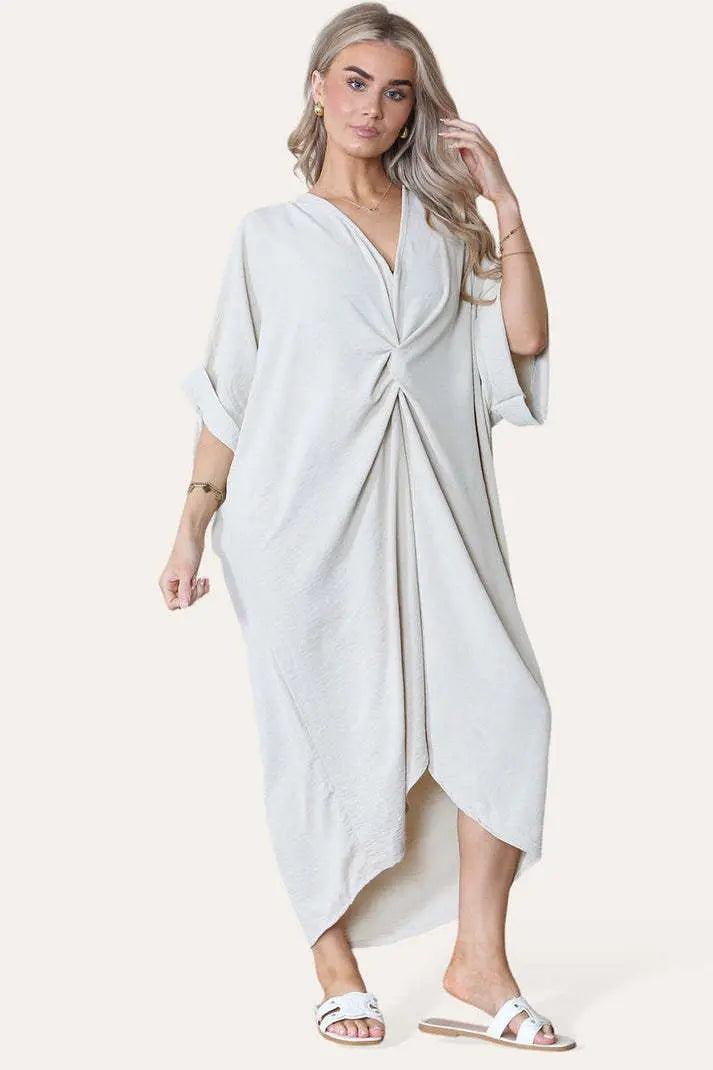 Womens V-Neck Tie Knotted Twisted Front Oversized Longline Midi Dress Angel Wishes