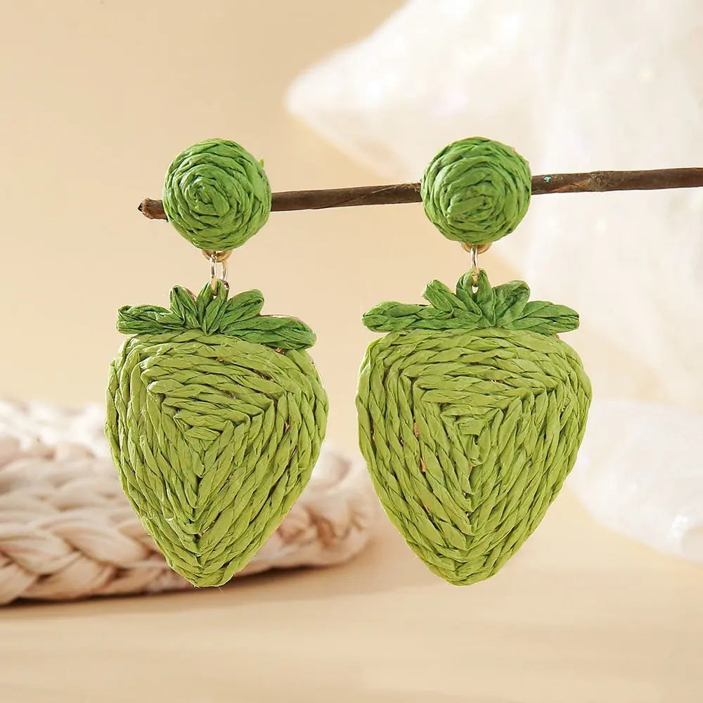 Raffia Woven Strawberry Earrings Vacation Style Angel Wishes