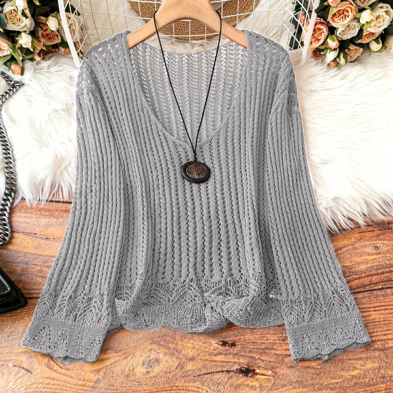 Hollow-out Spring And Summer Long Sleeves Knitted V-neck Plus Size Women's Long-sleeved Sweater Angel Wishes