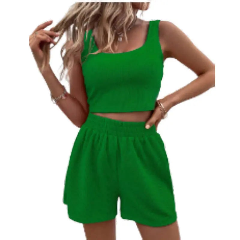 Sweet Knitted Suit Summer Square Neck Vest Top And Elastic Shorts Fashion Casual Solid Color 2Pcs Set Womens Clothing Angel Wishes
