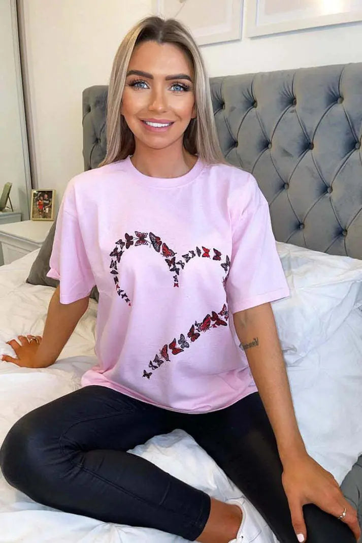 Ladies Oversized Printed Heart Short Sleeves T Shirt Top Angel Wishes