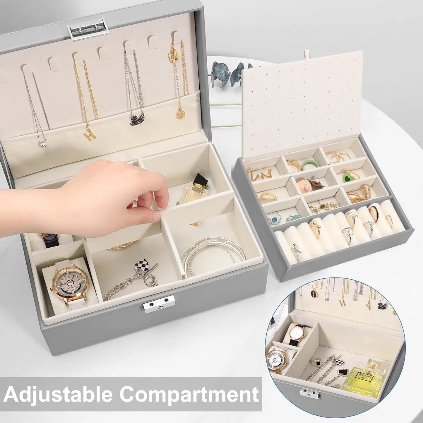 2 Layer Grey Jewellery Box Organizer Rings Necklaces Jewellry Storage Case Box Angel Wishes