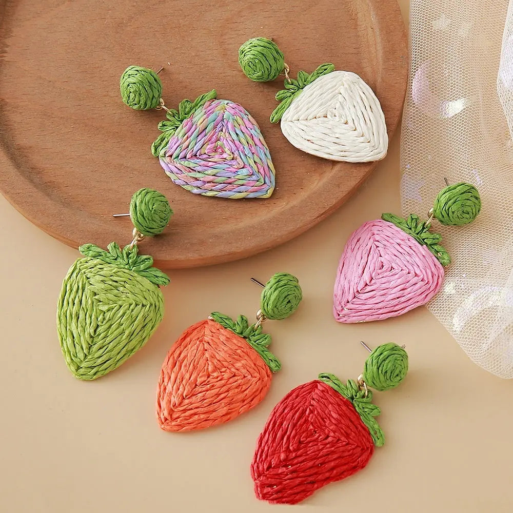 Raffia Woven Strawberry Earrings Vacation Style Angel Wishes