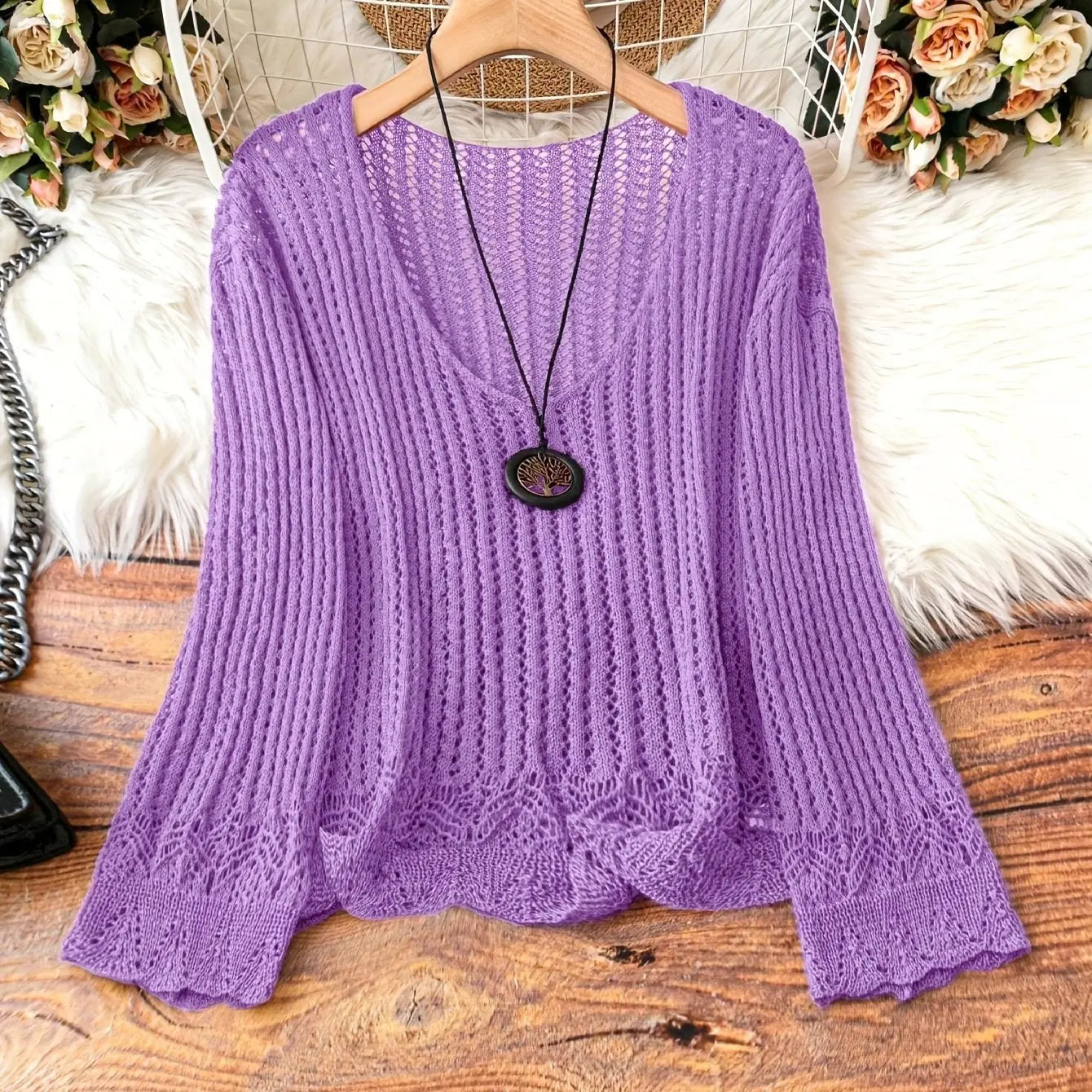 Hollow-out Spring And Summer Long Sleeves Knitted V-neck Plus Size Women's Long-sleeved Sweater Angel Wishes