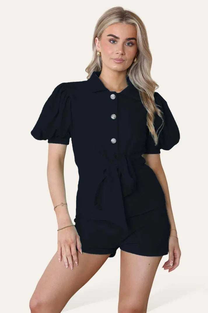 Tie Belt Button Shorts Set Angel Wishes