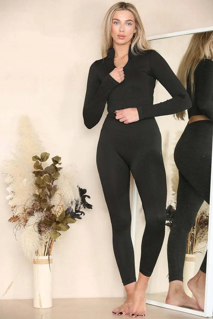Ribbed Tracksuit Two Piece Set With Half Zip Detail Gym Loungewear Angel Wishes