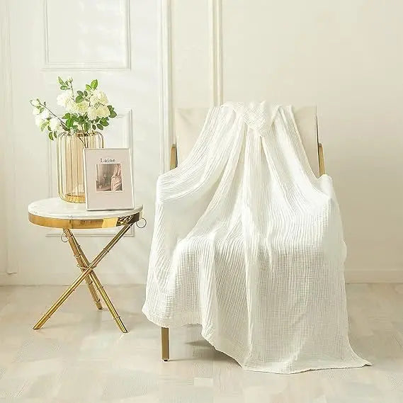 EMME Cotton Throw Blanket 100% Muslin Soft Blanket for Couch 4-Layer Breathable Gauze All Season Soft and Lightweight Pre-Washed Cotton Blanket(White, 140 x 190cm) Angel Wishes
