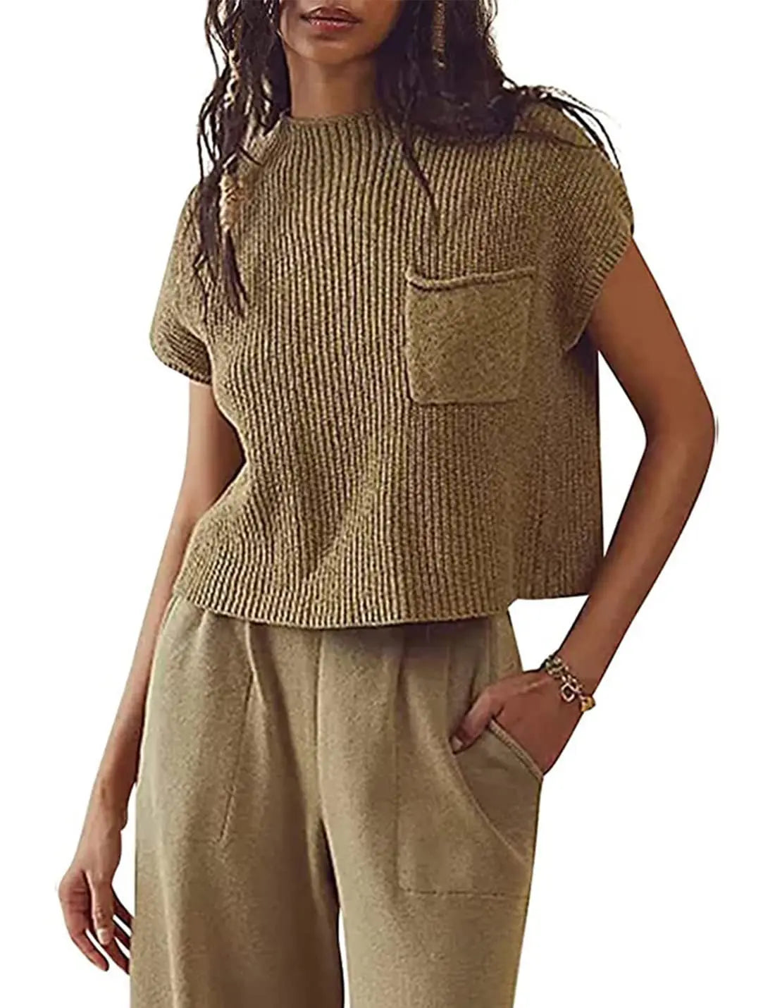 Women's Knitted Sleeveless Pocket Casual Rib Pullover Vest Angel Wishes