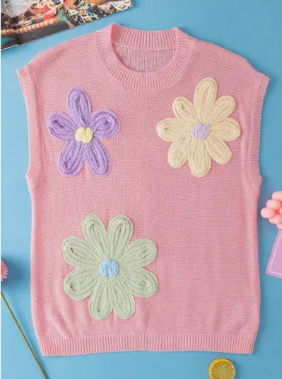 Multi Colored Crochet Flower Knitted Short Sleeved Shirt Angel Wishes