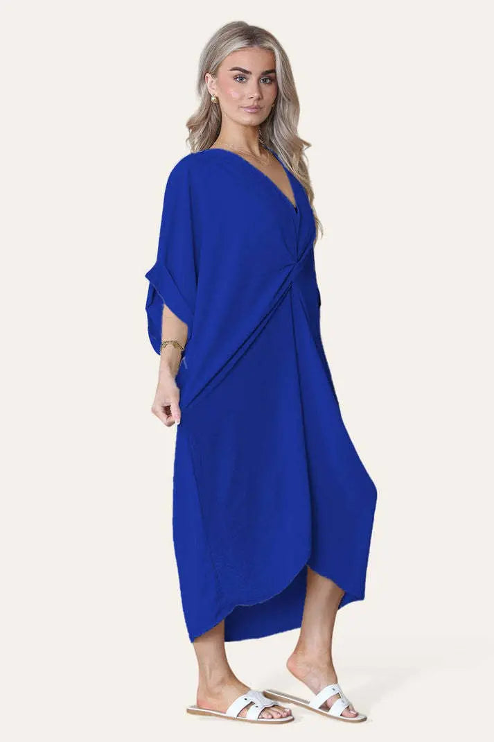 Womens V-Neck Tie Knotted Twisted Front Oversized Longline Midi Dress Angel Wishes