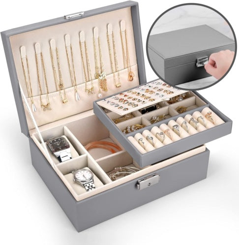 2 Layer Grey Jewellery Box Organizer Rings Necklaces Jewellry Storage Case Box Angel Wishes