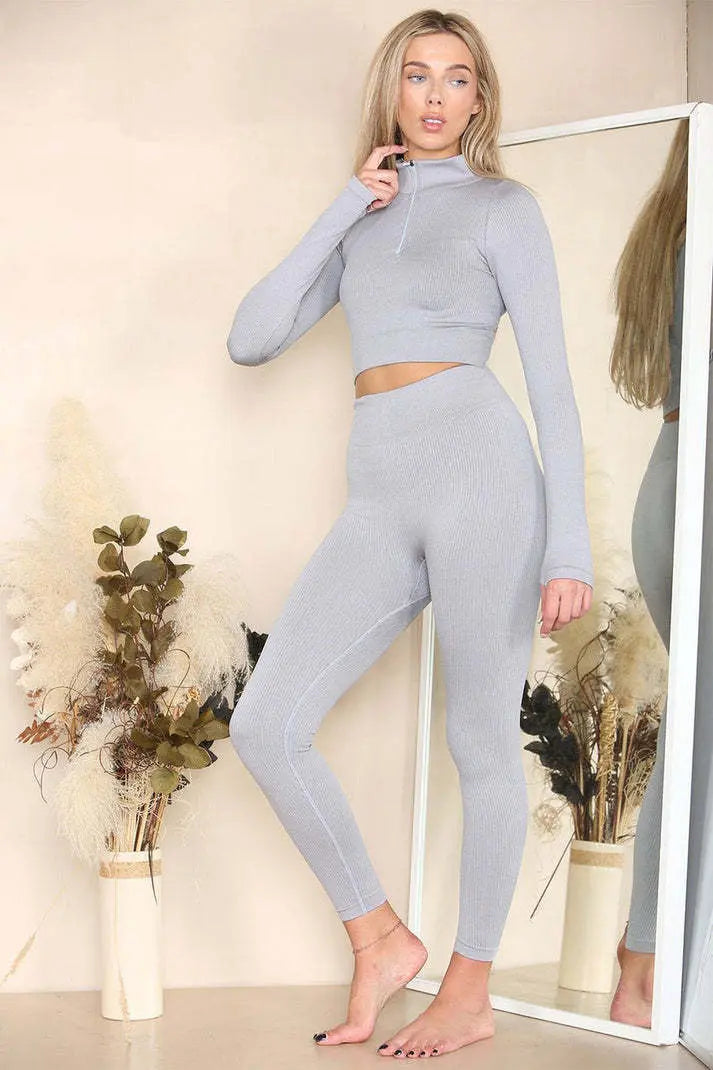 Ribbed Tracksuit Two Piece Set With Half Zip Detail Gym Loungewear Angel Wishes