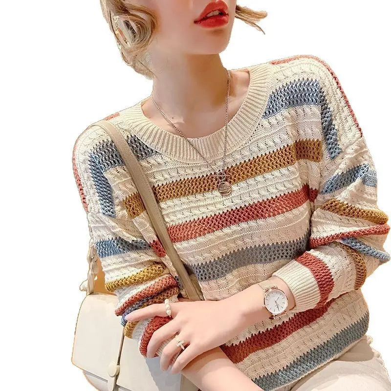 Loose Short Hollow Color Striped Sweater Angel Wishes