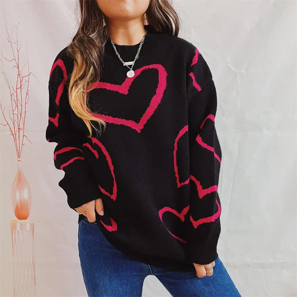 Love Pattern Sweater Round Neck Long Sleeve Angel Wishes
