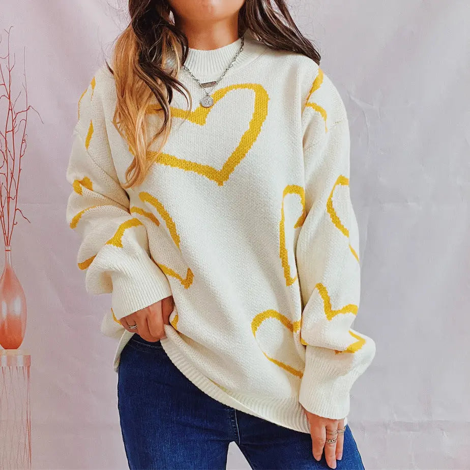 Love Pattern Sweater Round Neck Long Sleeve Angel Wishes