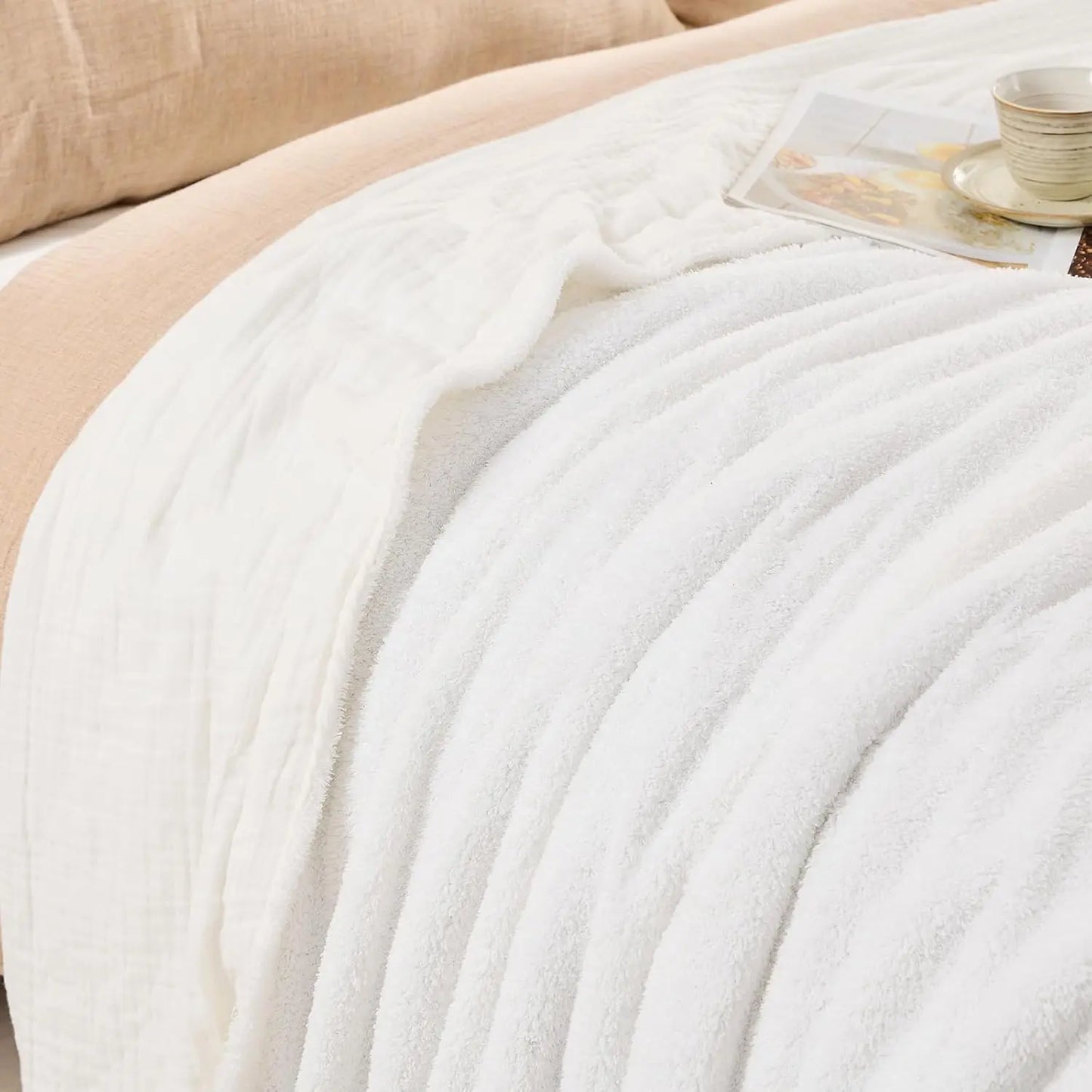 EMME Cotton Throw Blanket 100% Muslin Soft Blanket for Couch 4-Layer Breathable Gauze All Season Soft and Lightweight Pre-Washed Cotton Blanket(White, 140 x 190cm) Angel Wishes