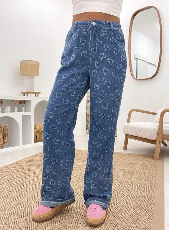 Denim Trousers Love Crochet Wash Straight Angel Wishes