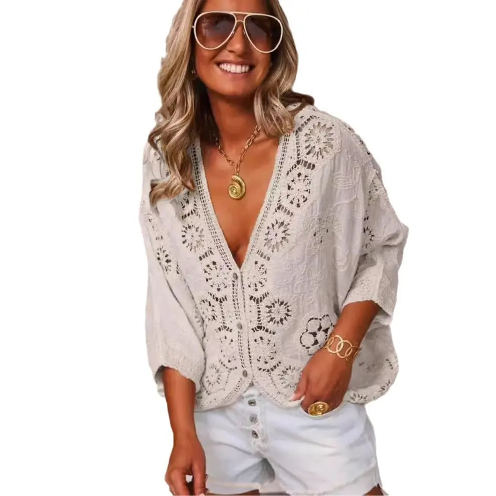 Hollow Lace Crochet Shirt V-neck Angel Wishes