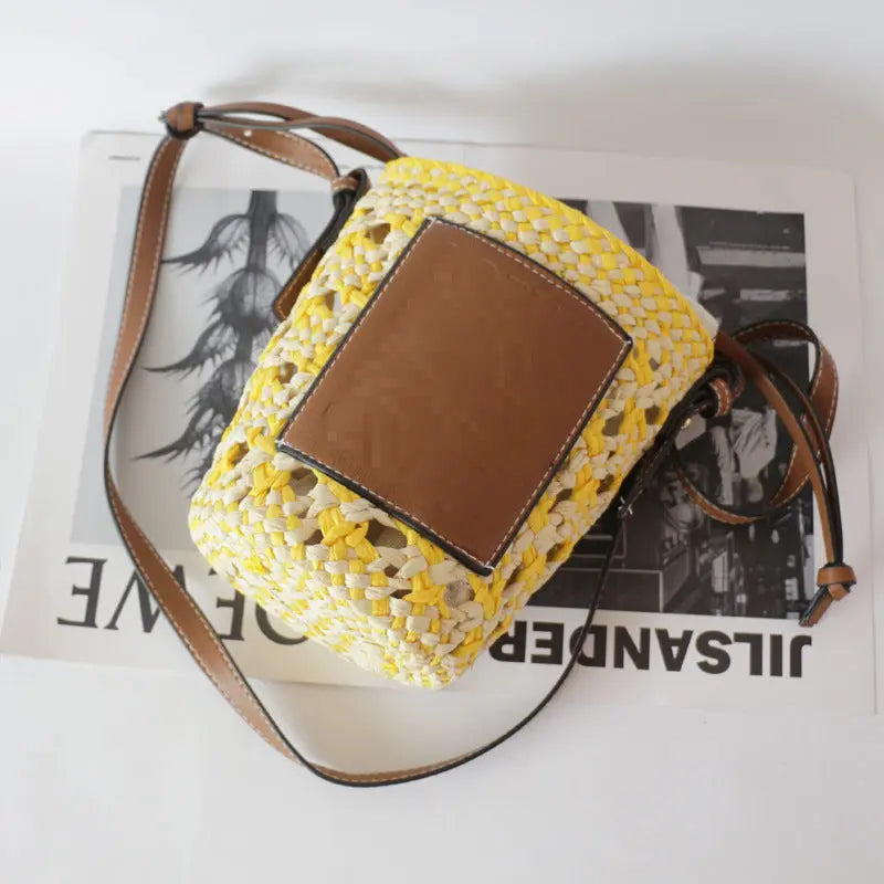 New French Women's Rhombus Bucket Straw Woven Shoulder Bag Angel Wishes