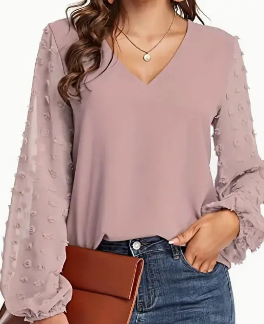 Swiss Dot V Neck Shirt - Soft, Breathable, Casual Solid Shirt For Spring And Fall Season, Women's Clothing With Relaxed Fit And Classic Style Angel Wishes