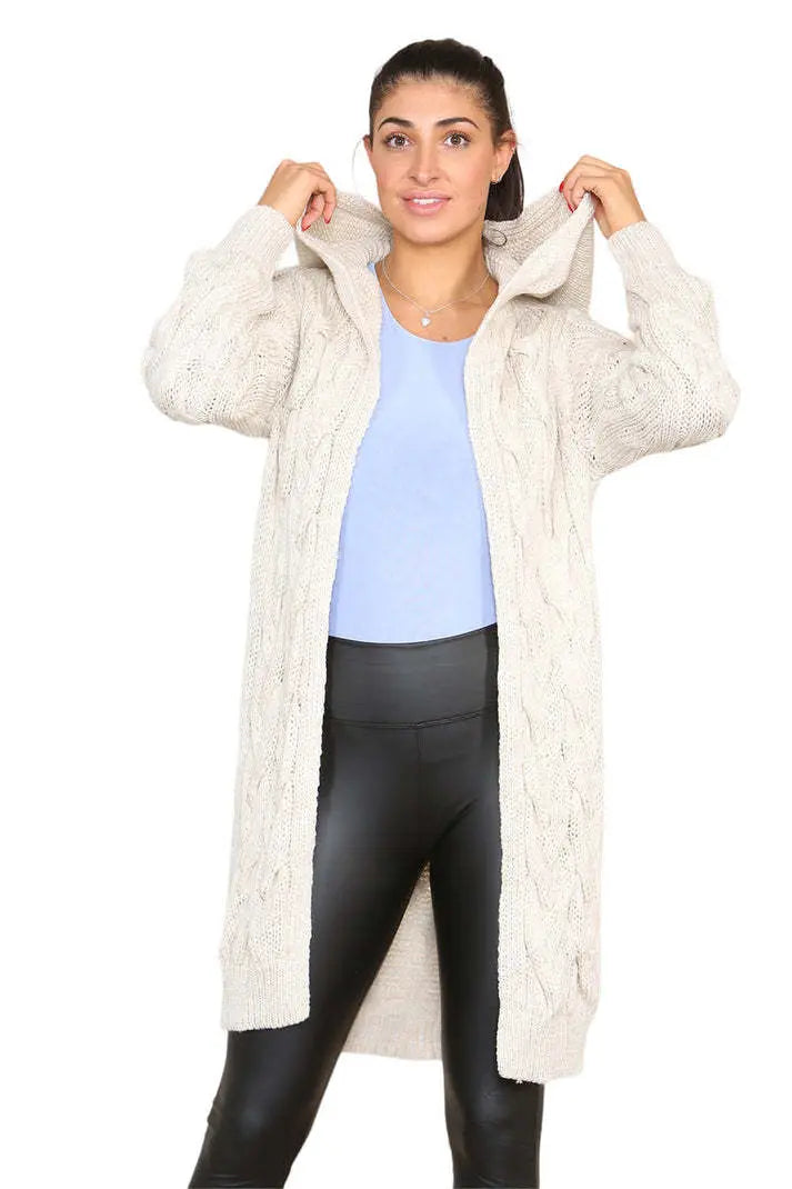 Knitted Cables Hooded Long Over Sized Cardigan Angel Wishes