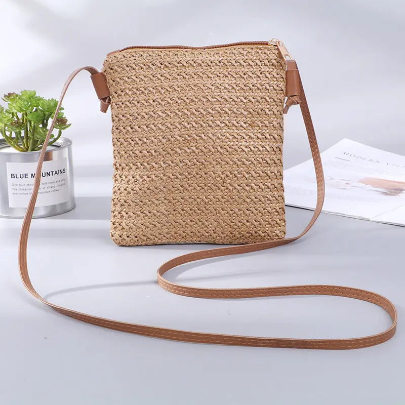 Mobile Phone Diagonal Bag Solid Color Straw Woven Female Bag Angel Wishes