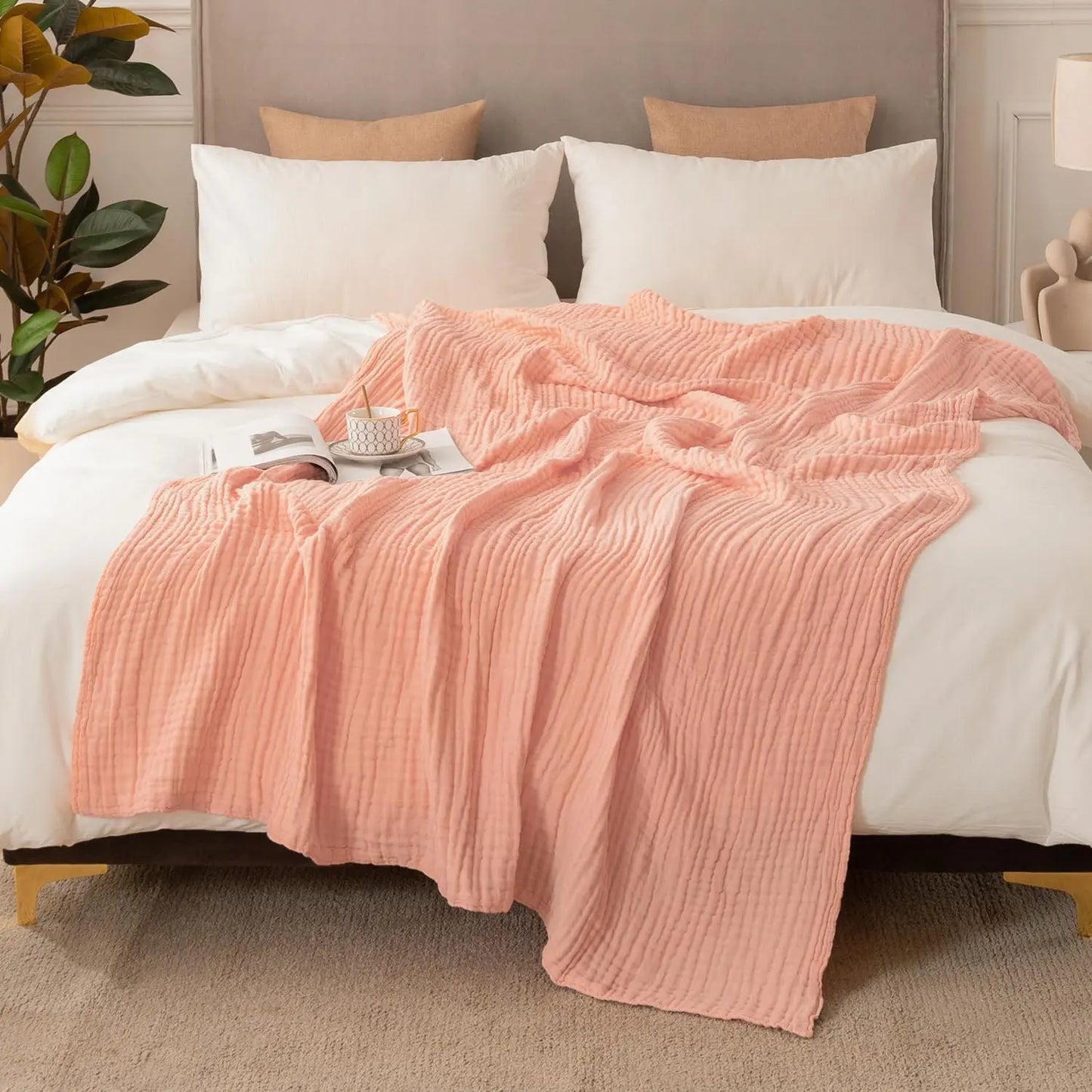 EMME Cotton Throw Blanket 100% Muslin Soft Blanket for Couch 4-Layer Breathable Gauze All Season Soft and Lightweight Pre-Washed Cotton Blanket(White, 140 x 190cm) Angel Wishes